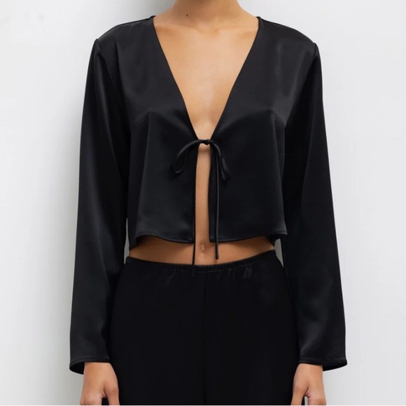 Leset Barb Satin Long Sleeve Open Tie Cropped Crop Blouse Top Black - Picture 1 of 11